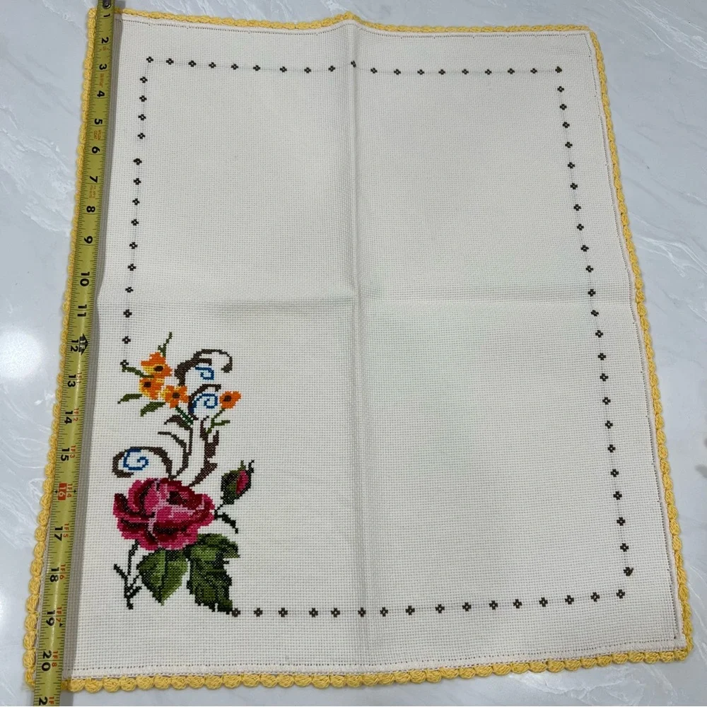 Hand Made Cross Stitch Floral Embroidered Cloth with Yellow Crochet Edge cottage